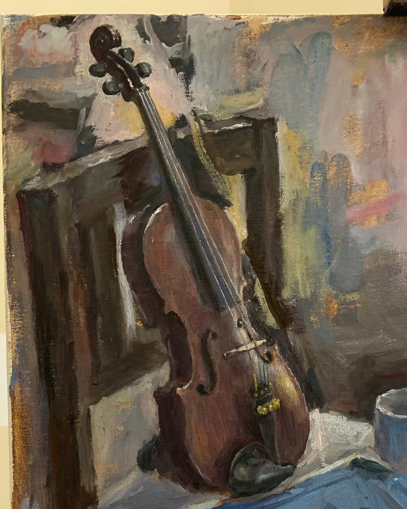 Still life violin painting in progress